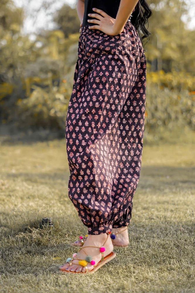 Black Haram Cum Dhoti Cotton Pants with Bagru Handblock Print-3.webp